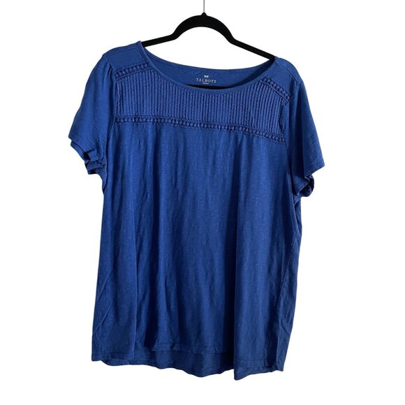 Talbots Women Plus Sz 1X Royal Blue Pintuck Pleated Embroidered Trim S/S Top - Picture 1 of 7